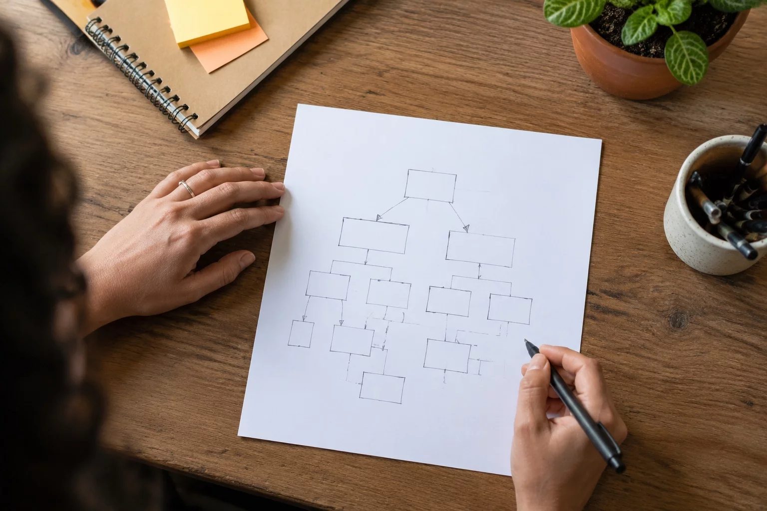 Vista de cima de uma mesa com um diagrama de lógica desenhado à mão
