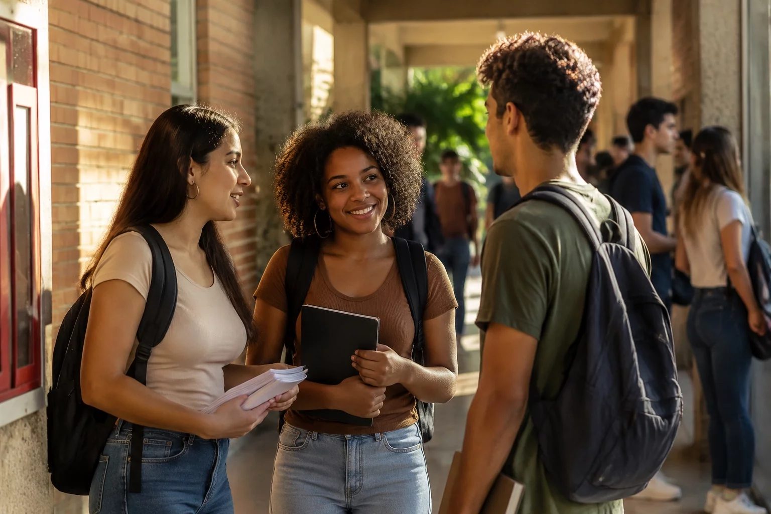 Estudantes com mochilas conversando no corredor de uma universidade
