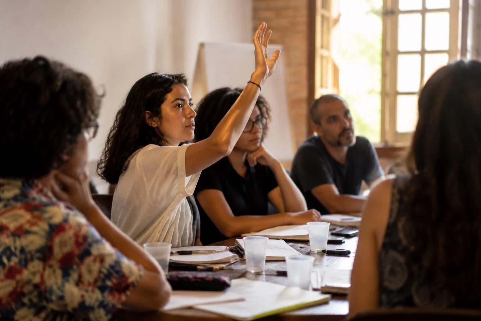 Estudante levantando a mão em uma mesa de seminário coberta de anotações