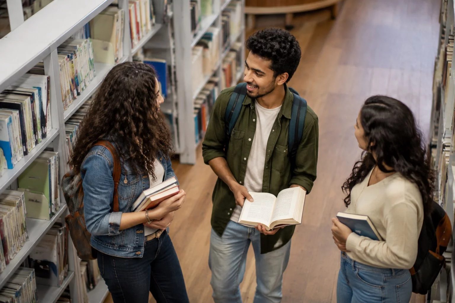 Estudantes conversando em pé entre as estantes de uma biblioteca