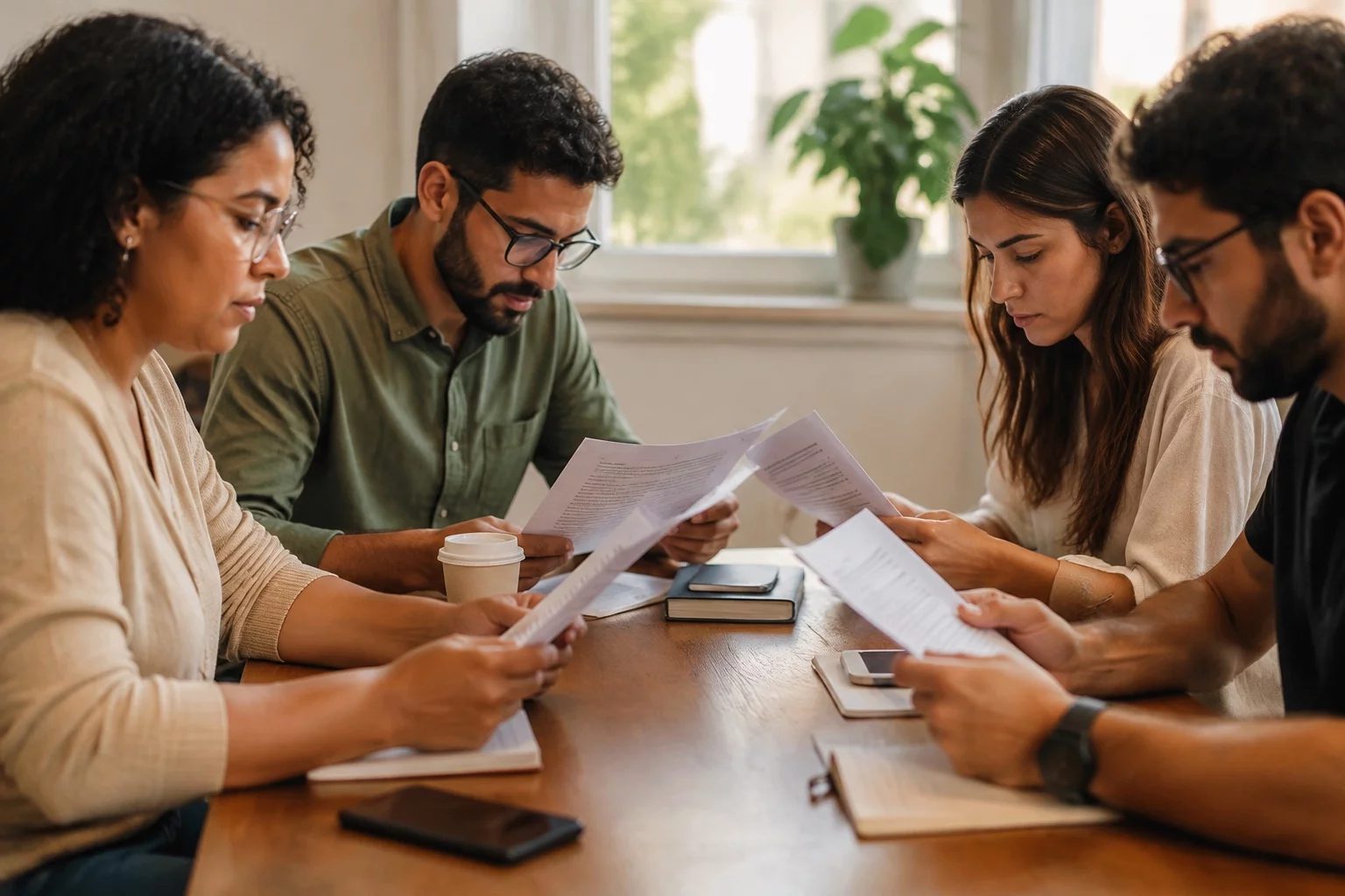Grupo pequeno lendo páginas impressas de argumentos ao redor de uma mesa