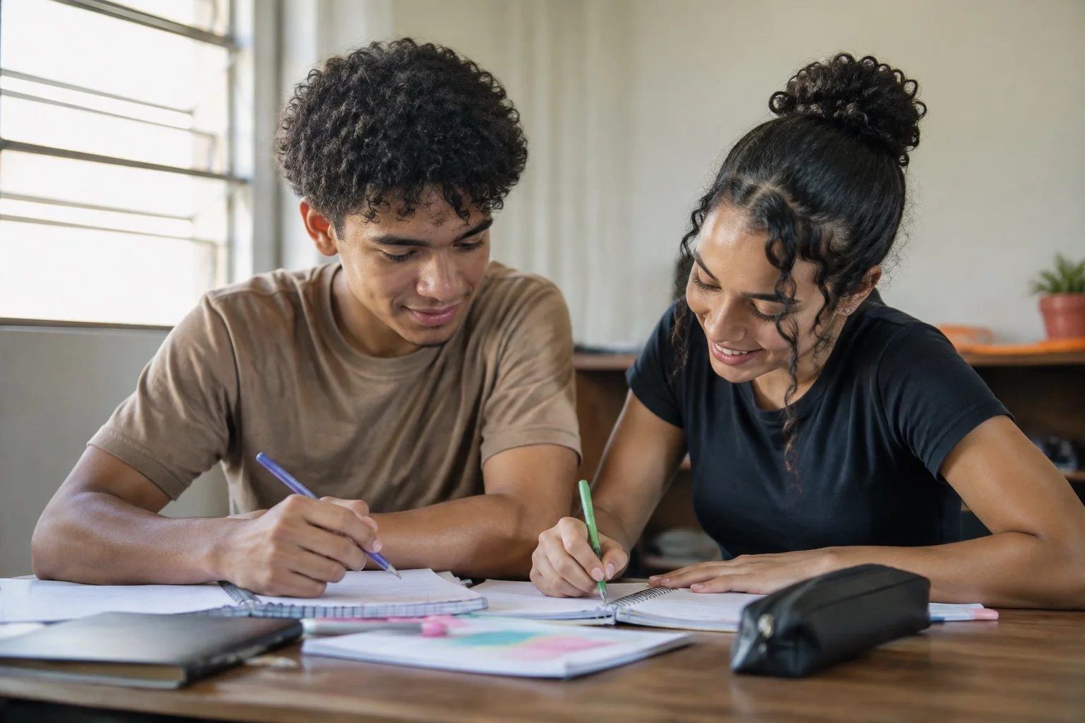 Dois estudantes preparando um debate com cadernos e marcadores