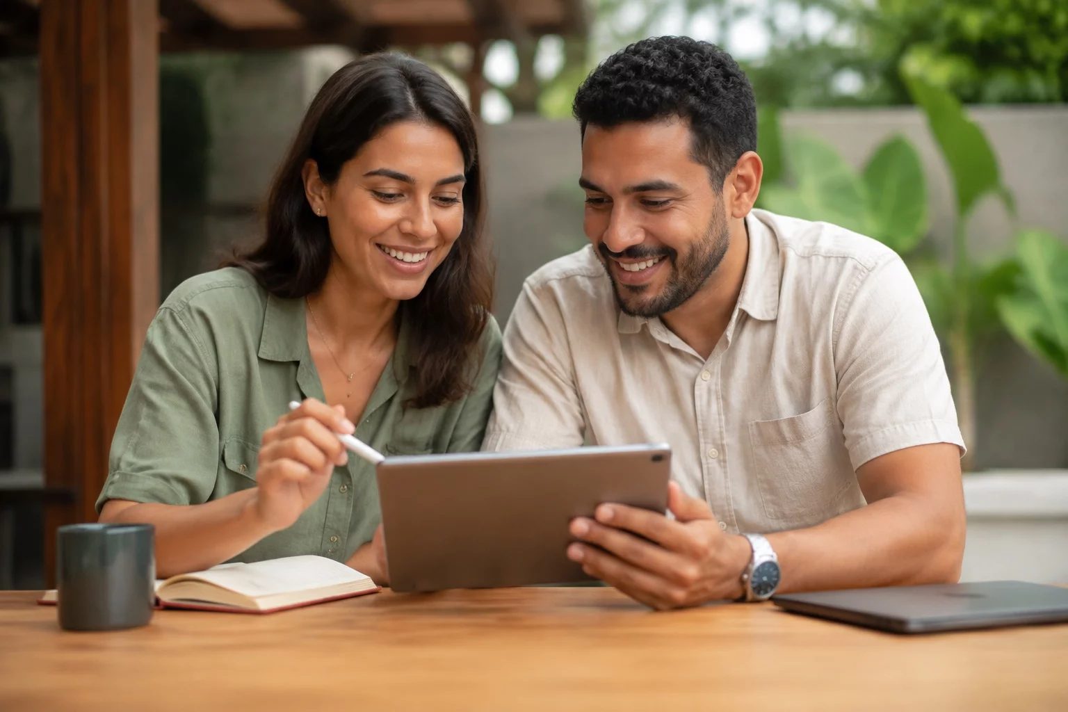 Duas pessoas revisando anotações em um tablet sobre uma mesa de madeira