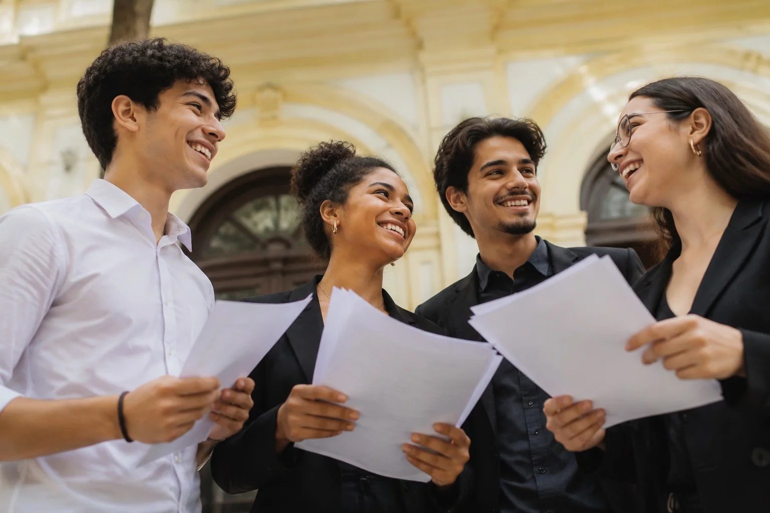 Grupo sorrindo após uma rodada de debate, com papéis nas mãos